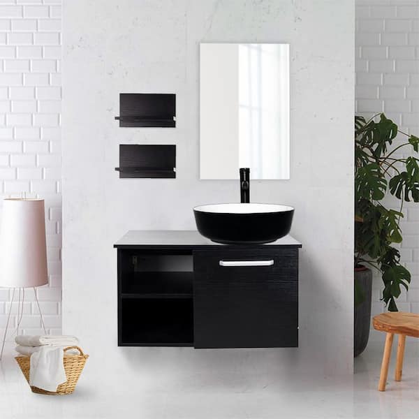 Puluomis 28 in. W x 19 in. D x 16 in. H Single Sink Bath Vanity in Black with Black Solid Surface Top and Mirror