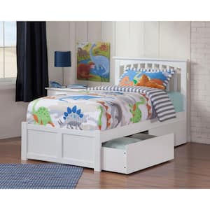 Mission White Twin Solid Wood Storage Platform Bed with Flat Panel Foot Board and 2 Bed Drawers