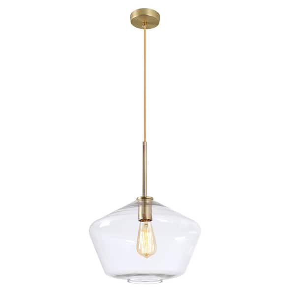 LamQee 11.8 in. W x 10.4 in. H 1-Light Clear Glass Champagne Gold Pendant Light with Shade
