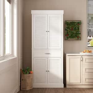 White Paint Wood Storage Cabinet With 4-Shutter Doors, Drawers and Adjustable Shelves For Office, Kitchen
