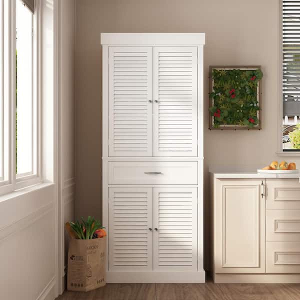 FUFU&GAGA White Paint Wood Storage Cabinet With 4-Shutter Doors, Drawers and Adjustable Shelves For Office, Kitchen