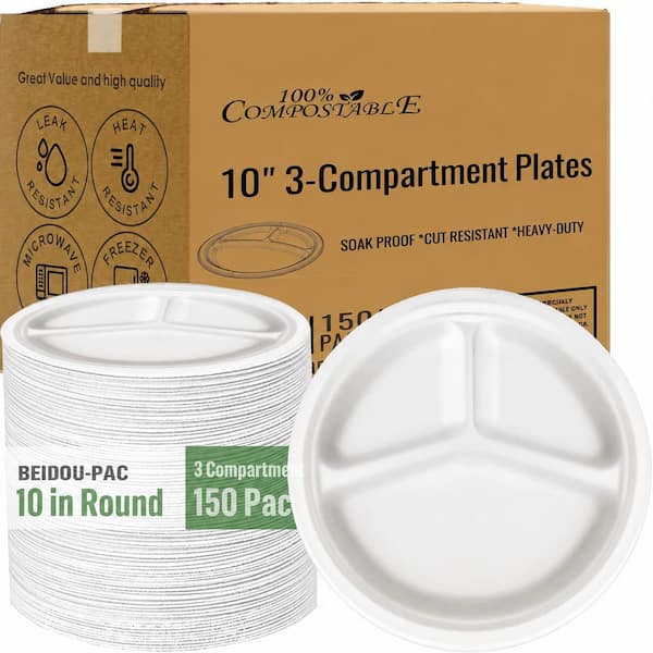 10 in. White Natural Disposable Paper Plates Heavy Duty Compostable 3 Compartment Tableware 150 Pack Case