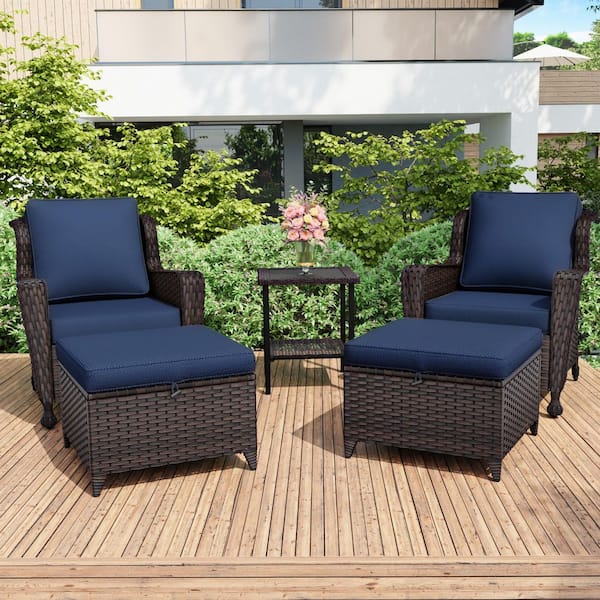 Brown 5-Piece Wicker Patio Conversation Seating Set with Blue Cushions