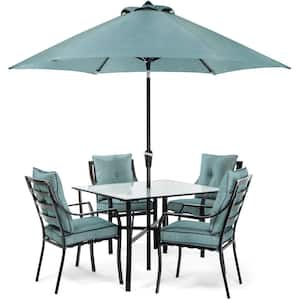 Lavallette Black Steel 5-Piece Outdoor Dining Set with Umbrella, Base and Ocean Blue Cushions