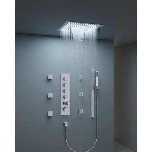 Thermostatic 15-Spray 16 in. Ceiling Mount Square LED Mood Lighting Shower System with Valve in Brushed Nickel