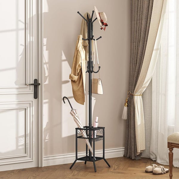 Modern Black Metal Coat Rack Freestanding Umbrella Stand with 12-Hooks Space-Saving Durable Entryway Hall Tree