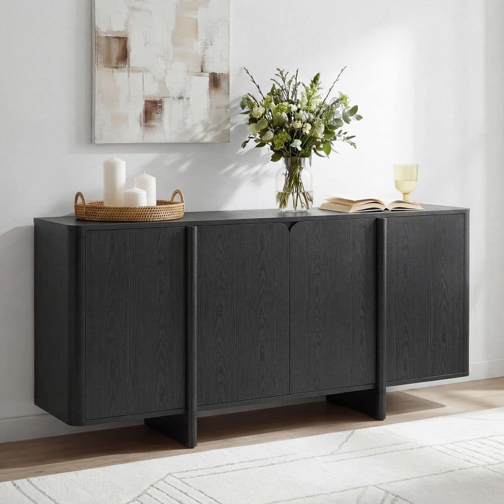 Ovan Black 66 in. 4-Door Wood Sideboard Buffet with Spacious Storage, Quiet Soft-Close Hinges, R50 Large Rounded Corner price history on PriceWatchPro