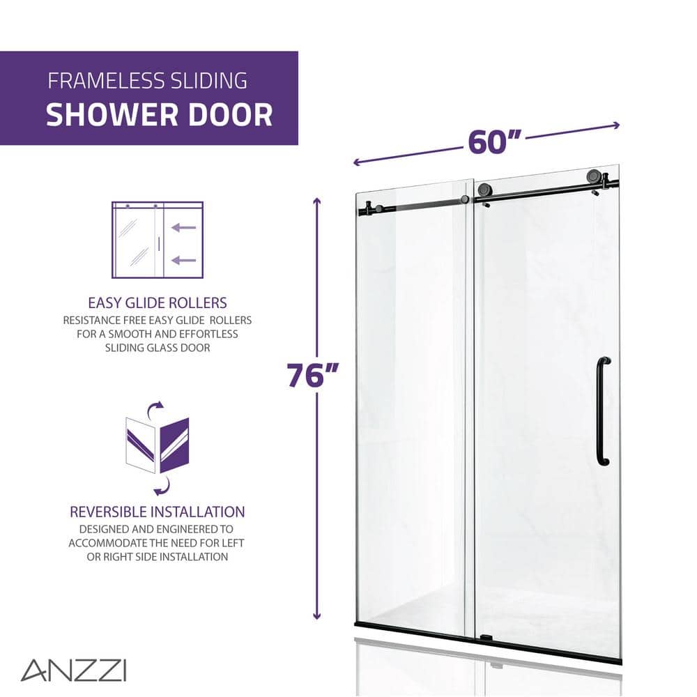 Matte Black Frameless Sliding Glass Shower Door Kit