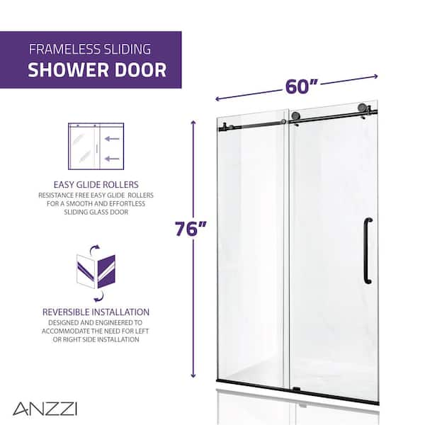 ANZZI 76 x 48 inch frameless shower door in brushed nickel  rhodes water  repellent glass shower door with seal strip handle parts