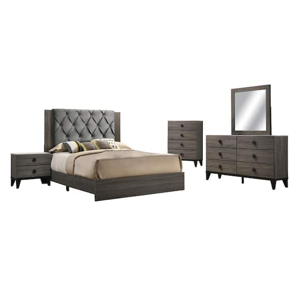 Best Quality Furniture Madelyn 5-Piece Grey-Walnut Color California King Bedroom Set With Chest
