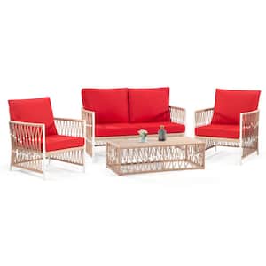 4-Piece Wicker Outdoor Loveseat with Red Cushions and Lounge Chairs Patio Conversation Set