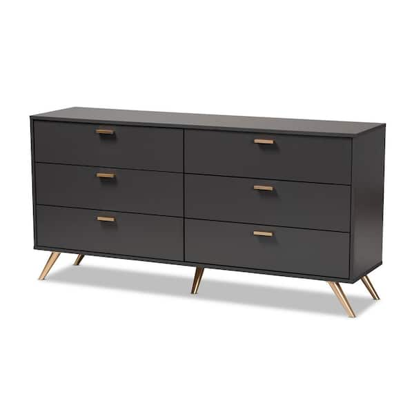 Baxton Studio Kelson 6 Drawer Dark Grey and Gold Dresser 30.5 in