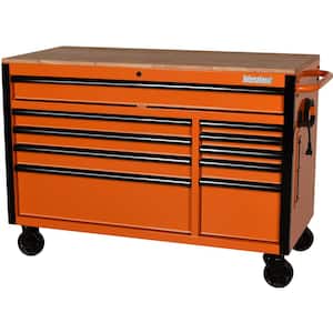 52 in. W x 24.5 in. D 10-Drawer Orange Mobile Workbench with Solid Wood Top
