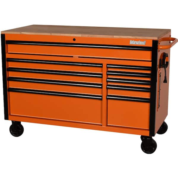 International 52 in. W x 24.5 in. D 10-Drawer Orange Mobile Workbench  Cabinet with Solid Wood Top INT52MWC10ORG - The Home Depot