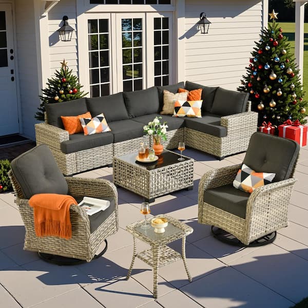 Merritt 9-Piece Wicker Outdoor Furniture Patio Conversation Sofa Sectional Set with Swivel Chairs and Black Cushions