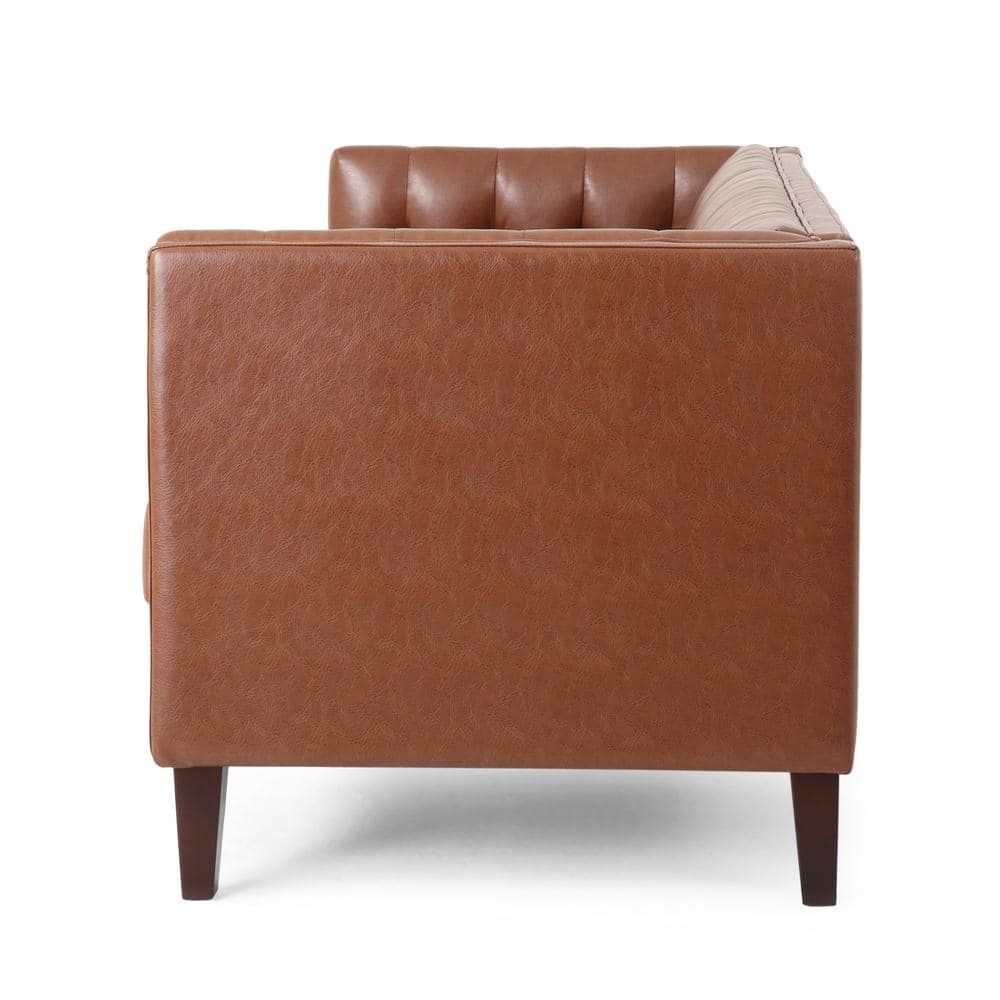 Cognac Brown Faux Leather Tufted Tuxedo Sofa with Wood Accents