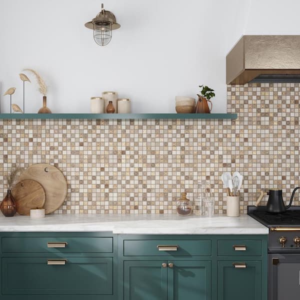 Artisana 4 in. x 5 in. Textured Beige and Taupe Marble Stone Mosaic Square Wall and Floor Tile Sample