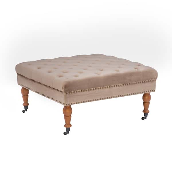 Linon Home Decor Isabelle Tan Velvet Tufted Square Accent 34.6 in. Ottoman