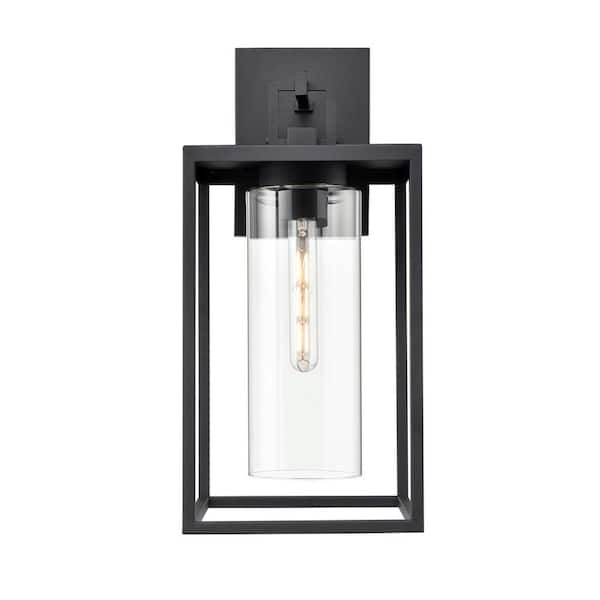 Ellway 1-Light 9 in. Wide Textured Black Outdoor Cylinder Wall Sconce with Clear Glass