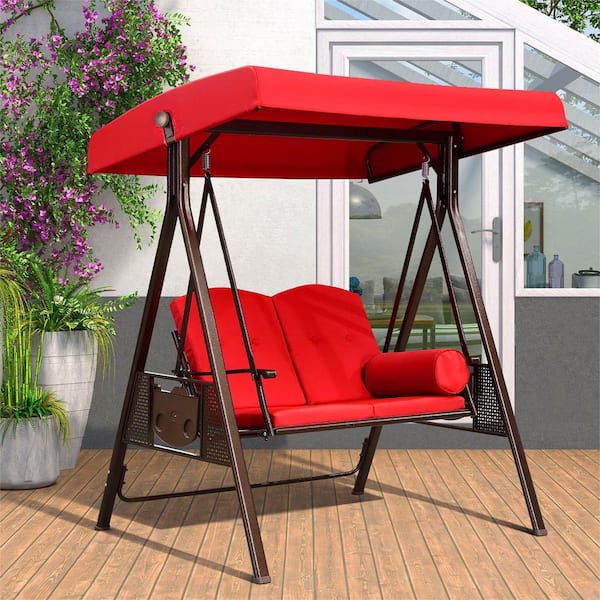 2-Person Steel Metal Patio Swing with Canopy and Cushions, Terra