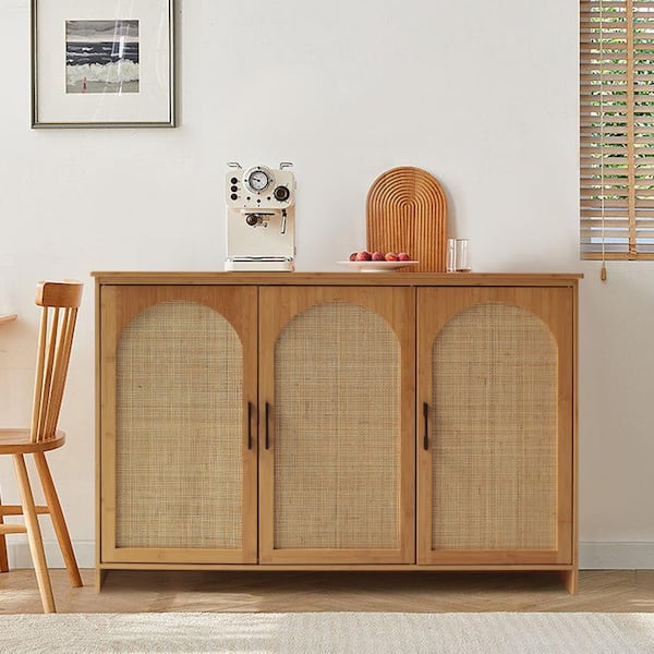 VEIKOUS Yellow Bamboo 47.4 in. W Sideboard Buffet Accent Storage Cabinet with Fluted Doors