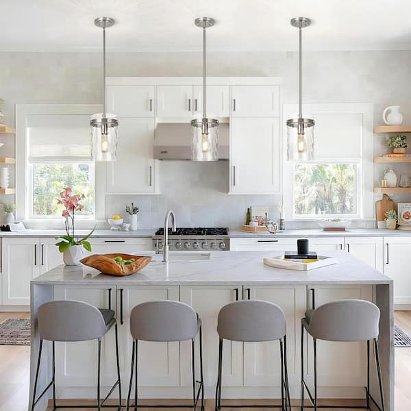 RayHome Nickel Pendant Light Modern Water-ripple Glass Shade Adjustable Height for Kitchen & Dining