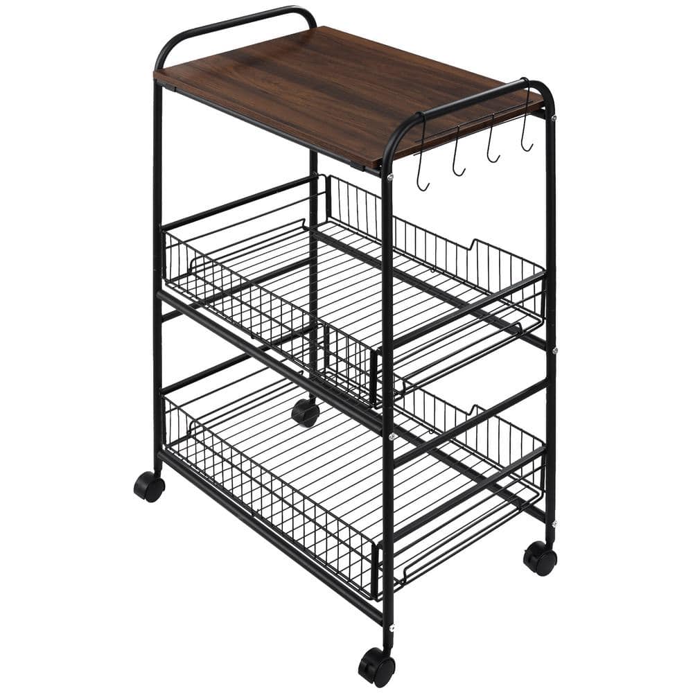 Tileon 3Tier Walnut MDF Kitchen Cart, Small Rolling Kitchen Island