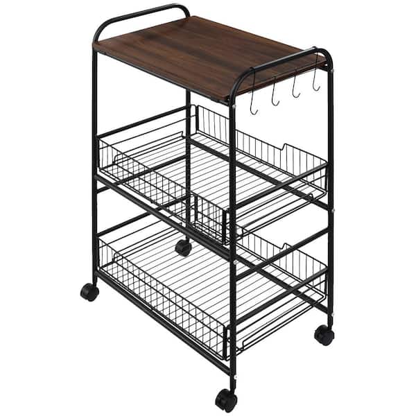 Tileon 3-Tier Walnut MDF Kitchen Cart, Small Rolling Kitchen Island Microwave Cart with 2 Sliding Fruit Basket and Side Hooks