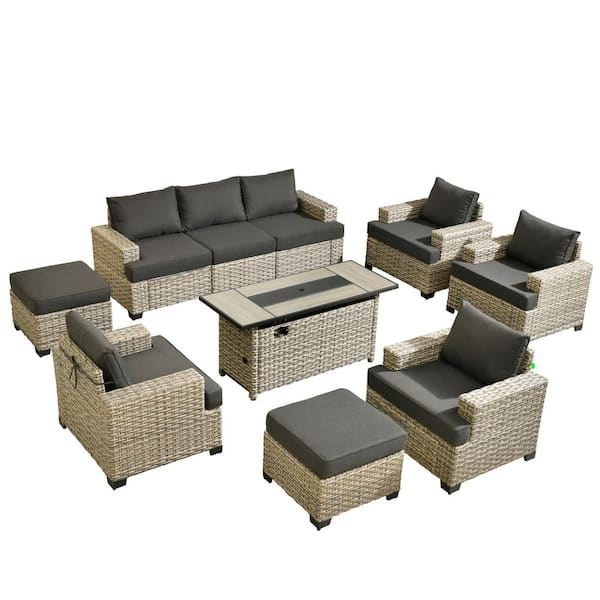 Taylor 10-Piece Wicker Patio Rectangular Fire Pit Set with Black Cushions