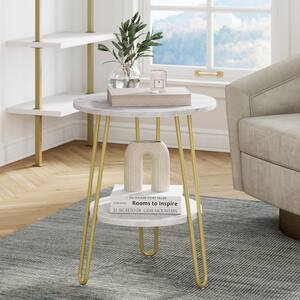 Ashley 18 in. White/Gold Round Faux Marble End Table with Brass Hairpin Legs and Storage Shelf