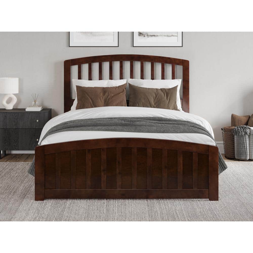 Quincy Walnut Full Solid Wood Low Profile Platform Bed with Slatted Headboard