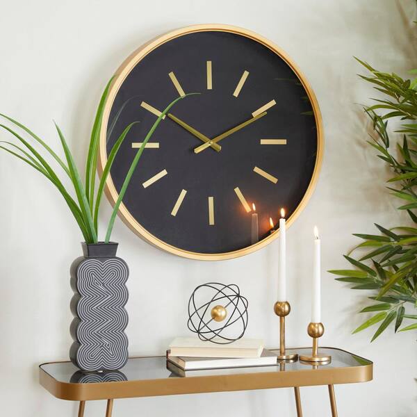 24 in. x 24 in. Black Metal Wall Clock with Gold Accents
