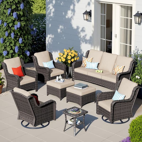 HOOOWOOO Oreille Brown 8-Piece Wicker Outdoor Patio Conversation Sofa Set with Swivel Rocking Chairs and Beige Cushions