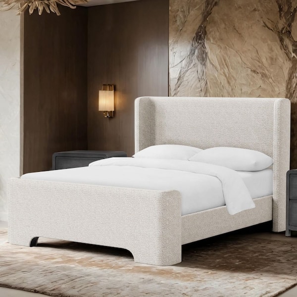 Phil Beige Chenille Wood Frame King Platform Bed with Shelter Headboard