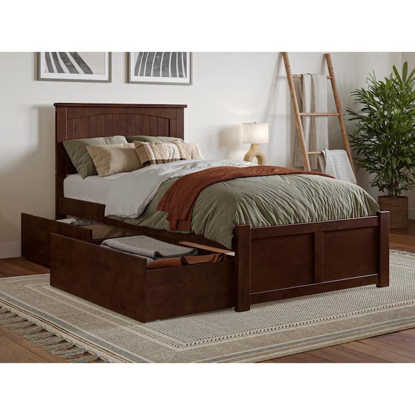 AFI Nantucket Walnut Brown Solid Wood Frame Twin XL Platform Bed with Footboard and Storage Drawers