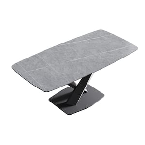 70.87 in. Modern Rectangular Grey Sintered Stone Top Cross Legs Black Carbon Steel Legs Dining Table (6 Seats)