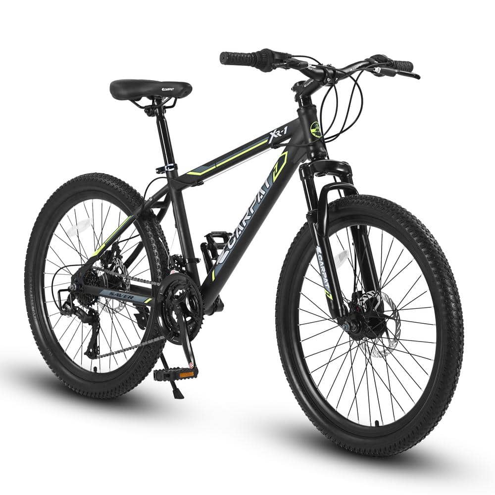 24 in. Wheels Mountain Bike Carbon Steel Frame Disc Brakes Thumb Shifter Front Fork Bicycles, Green
