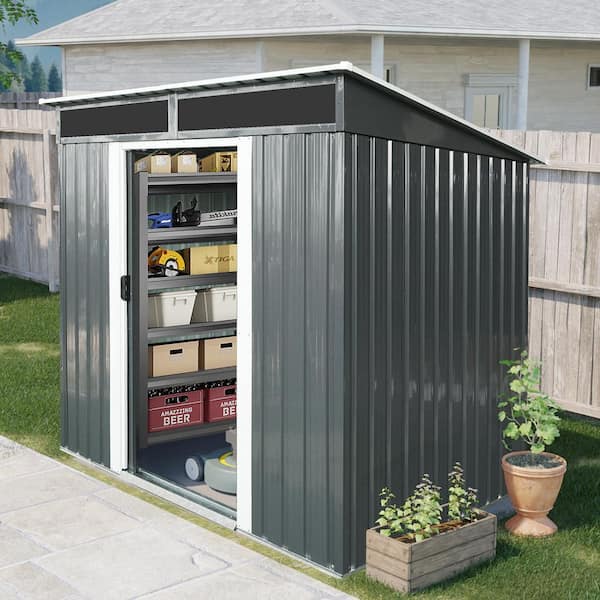 Toolhs, 6 ft. W x 5 ft. D, Outdoor Metal Storage shed with Lockable Sliding Doors and Transparent plate, Black and White