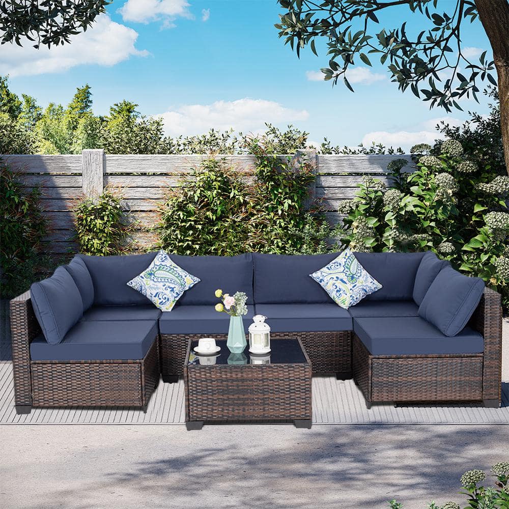 Brown 7-Piece PE Wicker Outdoor Patio Sectional Set with Navy Blue Cushions