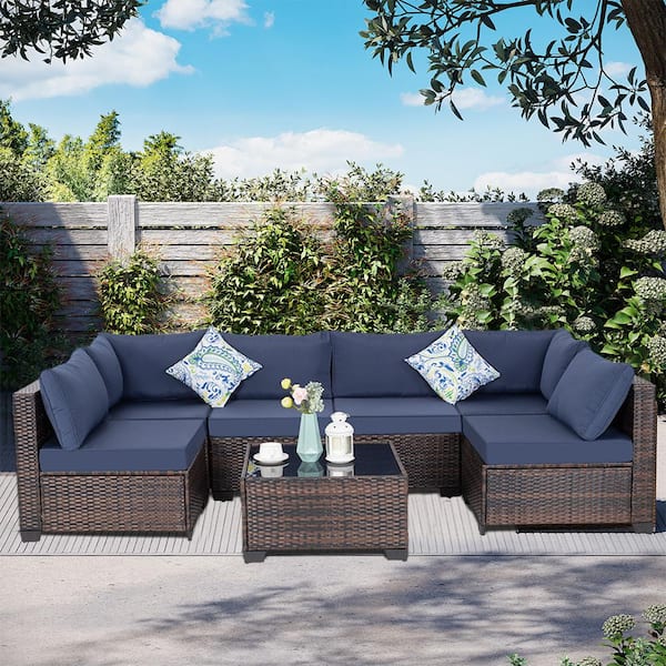 Unbranded Brown 7-Piece PE Wicker Outdoor Patio Sectional Set with Navy Blue Cushions and 1 Coffee Table