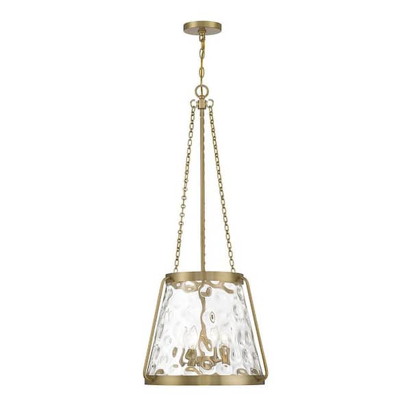 Savoy House Crawford 18 in. W x 39.50 in. H 4-Light Warm Brass Statement Pendant Light with Clear Water Glass Shade
