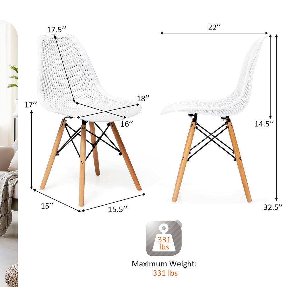 White Plastic Hollow Out Side Chair with Wood Legs, Set of 4