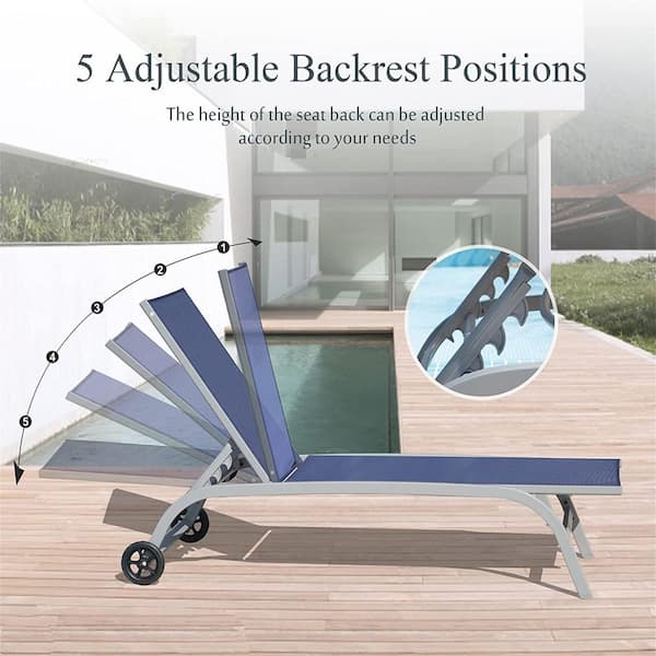 Sudzendf Set of 3 Blue Aluminum Outdoor Patio Chaise Lounge with Adjustable Backrest & Wheels (2 Chairs and 1 Table)
