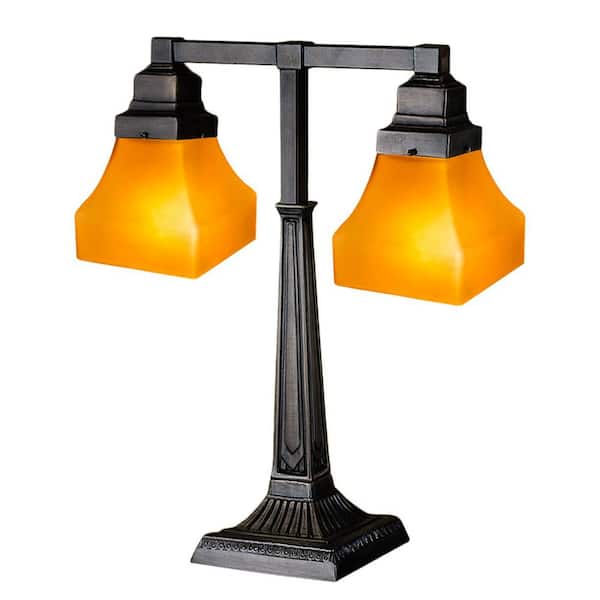 Bungalow 20 in. Mahogany Bronze Armed Modern Table Lamp with Amber Glass Shade