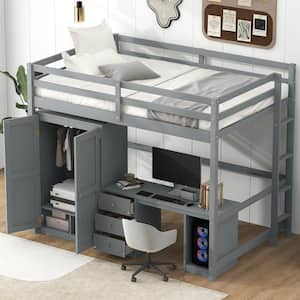 Gray Wooden Full Size Loft Bed with Wardrobe, Desk and 3 Storage Drawers