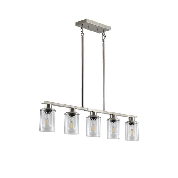 5 Light Brushed Nickel Chandelier with Clear Glass Shade for Dining Room, Living Room with no bulbs included