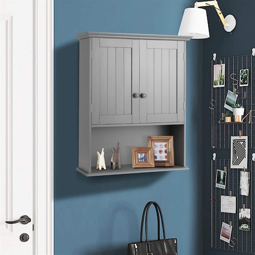 Gray MDF and Particle Board Bathroom Storage Wall Cabinet with 2 Doors and 3 Shelves
