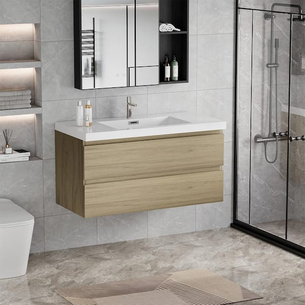 Achilles 42 in. W x 20 in. D x 22.5 in. H Single Sink Floating Bath Vanity in Natural Oak with White Resin Top