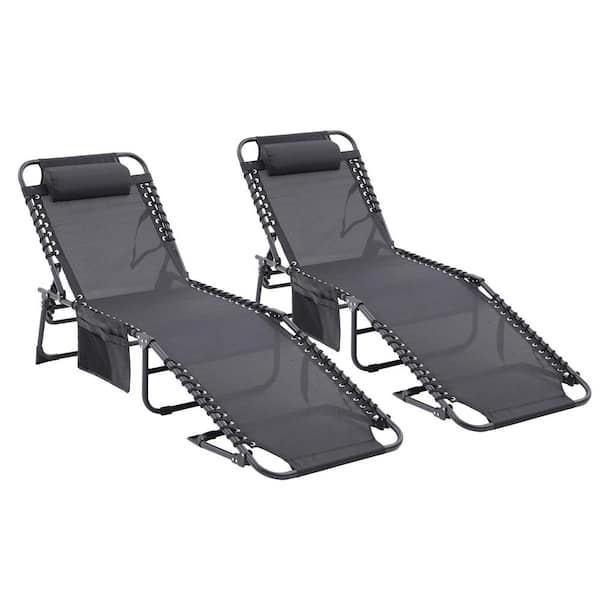 Zeus & Ruta 2-Piece Black Metal Outdoor Chaise Lounge with Pocket and Pillow, Portable Adjustable for Lawn, Beach and Sunbathing