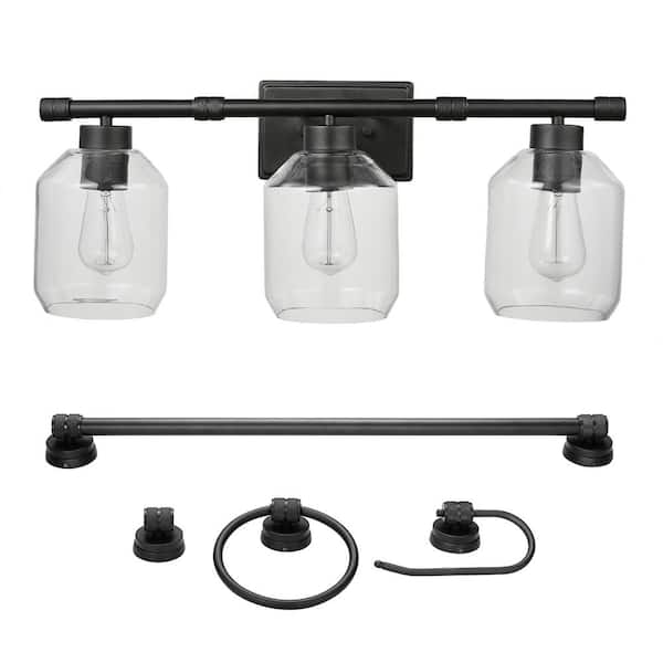 Globe Electric Middleton 24 in. 3-Light Dark Bronze Vanity Light with Clear Glass Shades and Bath Set Bulbs Included (5-Piece)